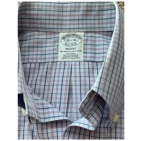 Brooks Brothers Regent 1818 Non Iron Cotton Blue Purple Plaid Button Up Medium - Picture 3 of 7